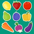 Bright stickers of fruits and vegetables isolated on a green background with white rims