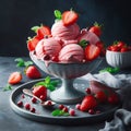 Bright strawberry ice cream with fresh fruit in a beautiful bowl with fresh strawberries and mint on a dark background. Royalty Free Stock Photo
