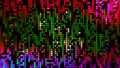 Bright stream of mosaic dots. Motion. Colored dots move in stream on black background. Points move in information pixel