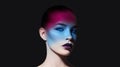 Bright strict beauty makeup woman with shadow on face in blue and red tones. Perfectly clean skin and face makeup, dark lipstick