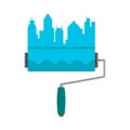 Bright stripe painted on a wall paint roller. City skyline. Logo concept. Blue flat vector cartoon illustration on white Royalty Free Stock Photo