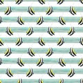 Bright, striped, black-and-white with yellow, triangular, tropical fish on a background of horizontal blue stripes