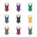 Bright striped swimsuit in the colors of the rainbow. Beach female form.Swimcuits single icon in black style vector