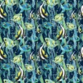 Bright, striped, tropical fish in algae thickets with bubbles on a dark background. Watercolor illustration, seamless Royalty Free Stock Photo