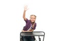 She is a bright student. Small girl student raising hand isolated on white. Little student reciting lesson in class Royalty Free Stock Photo