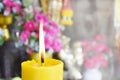 Bright style background. Burning candles and flowers for worship Royalty Free Stock Photo