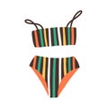 Bright stylish female swimsuit with high-waste panties and wireless bra. Fashionable striped swimwear. Retro bikini top Royalty Free Stock Photo