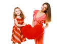 Bright stylish joyful mom and daughter in dress