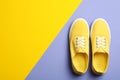 Bright stylish shoes on color background, top view.