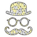 Bright stylized bowler, glasses and mustache.