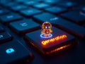 A bright, stylized robot stands on a keyboard, highlighting innovation in technology.