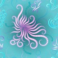 Bright stylized seamless pattern of the inhabitants of the underwater world. Textile. Packaging.