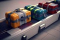 Bright suitcases on luggage conveyor belt at arrival area of passenger terminal in airport. View of baggage carousel. Generative Royalty Free Stock Photo