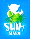 Bright summer banner with rubber duck, tropical plants and text on blue background. Flat design. Vector card