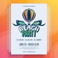 Bright summer beach party disco social event poster template design hot air balloon yacht vector