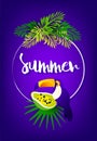 Bright summer card with palm leaves, papaya, toucan, frame and text on violet background. Vector tropical card