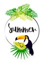 Bright summer card with palm leaves, papaya, toucan, frame and text on white background.