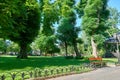 Bright summer city park at midday, sunlight, trees with shadows and green grass