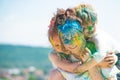 Bright summer colors. Happy kids smiling laughing and hugging outdoors. Cute childre having fun outside. Royalty Free Stock Photo