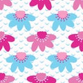 Bright summer daisy flower bloom seamless pattern. Stylized retro floral all over print. Pretty 1950s blue pink feminine fashion