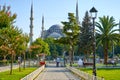 Bright summer day the Blue mosque view at Sultanahmet square in Istanbul city