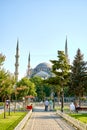 Bright summer day the Blue mosque view at Sultanahmet square in Istanbul city
