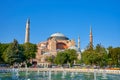 Bright summer day the Sofia mosque view at Sultanahmet square in Istanbul city Royalty Free Stock Photo