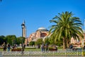 Bright summer day the Sofia mosque view at Sultanahmet square in Istanbul city