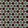 Field white daisies, blue, yellow small flowers and red strawberries pattern on a dark brown background Royalty Free Stock Photo
