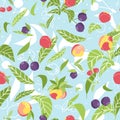 Bright summer fruits and berries seamless pattern. Vector illustration of cherries, peaches, plums, nectarines, leaves on blue Royalty Free Stock Photo