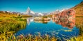 Bright summer panorama of the Stellisee lake. Royalty Free Stock Photo