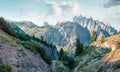 Bright summer scene of National Park Tre Cime di Lavaredo with Cadini di Misurina range on background. Picturesque morning view of