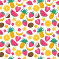 Bright summer seamless pattern with exotic, tropical fruits, berries and flowers. Coconut, pineapple, watermelon, strawberry. Royalty Free Stock Photo