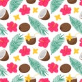 Bright summer seamless pattern with exotic, tropical fruits, flowers and palm leaves. Coconut, hibiscus and coconut cocktail. Royalty Free Stock Photo