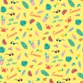 Bright summer seamless pattern with summer holiday attributes.