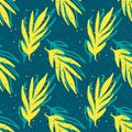 Bright summer seamless pattern of painted yellow branches with splashes of paint on a green-blue background
