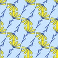 Bright summer seamless pattern with yellow daisy ornament. Blue backround Royalty Free Stock Photo