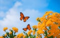 Bright Summer-Spring Flower Border with Orange Lantana and Fluttering Butterflies.