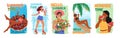 Bright Summer Time Posters Featuring Cheerful Women Characters Enjoying Summer Activities, Relax in Pool