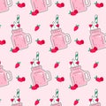 Bright summer vector seamless pattern, strawberry milkshake with a straw in a jar, red strawberries on a pink background Royalty Free Stock Photo