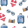 Bright summer watercolor pattern of a suitcase, sun glasses, camera, swimsuit