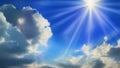 Bright sun in a blue cloudy sky. The sun\'s rays shine on the clouds. International Sun Day. Generated AI. Royalty Free Stock Photo