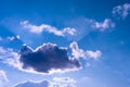 The bright sun breaks through the white cloud, the rays of the sun break through. Blue bright clear sky. Royalty Free Stock Photo