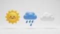Bright sun with cheerful face, blue rain cloud, and fluffy white cloud on plain background Royalty Free Stock Photo