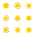 Bright sun icons set vector. Sunset logo in various design on white isolated background Royalty Free Stock Photo