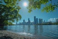 A bright sun illuminates the bustling city skyline, casting a warm glow Royalty Free Stock Photo