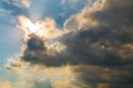 Bright sun illuminating the clouds from behind with light rays Royalty Free Stock Photo