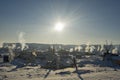 Bright sun at Oceti Sakowin Camp in the early morning, Cannon Ball, North Dakota, USA, January 2017