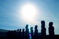 Bright Sun Raising over the Silhouette Gigantic Moai Statues of Ahu Tongariki Celemonial Platform, Easter Island, Chile Royalty Free Stock Photo