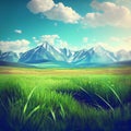 Bright sun shines on green morning grassy meadow, bright blue sky - AI generated image